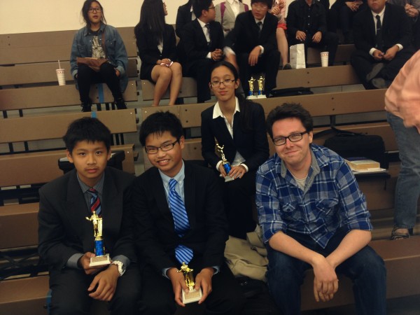 Michael Huang, Justin Jiang, Mei Johnson and coach Fritz Pielstick